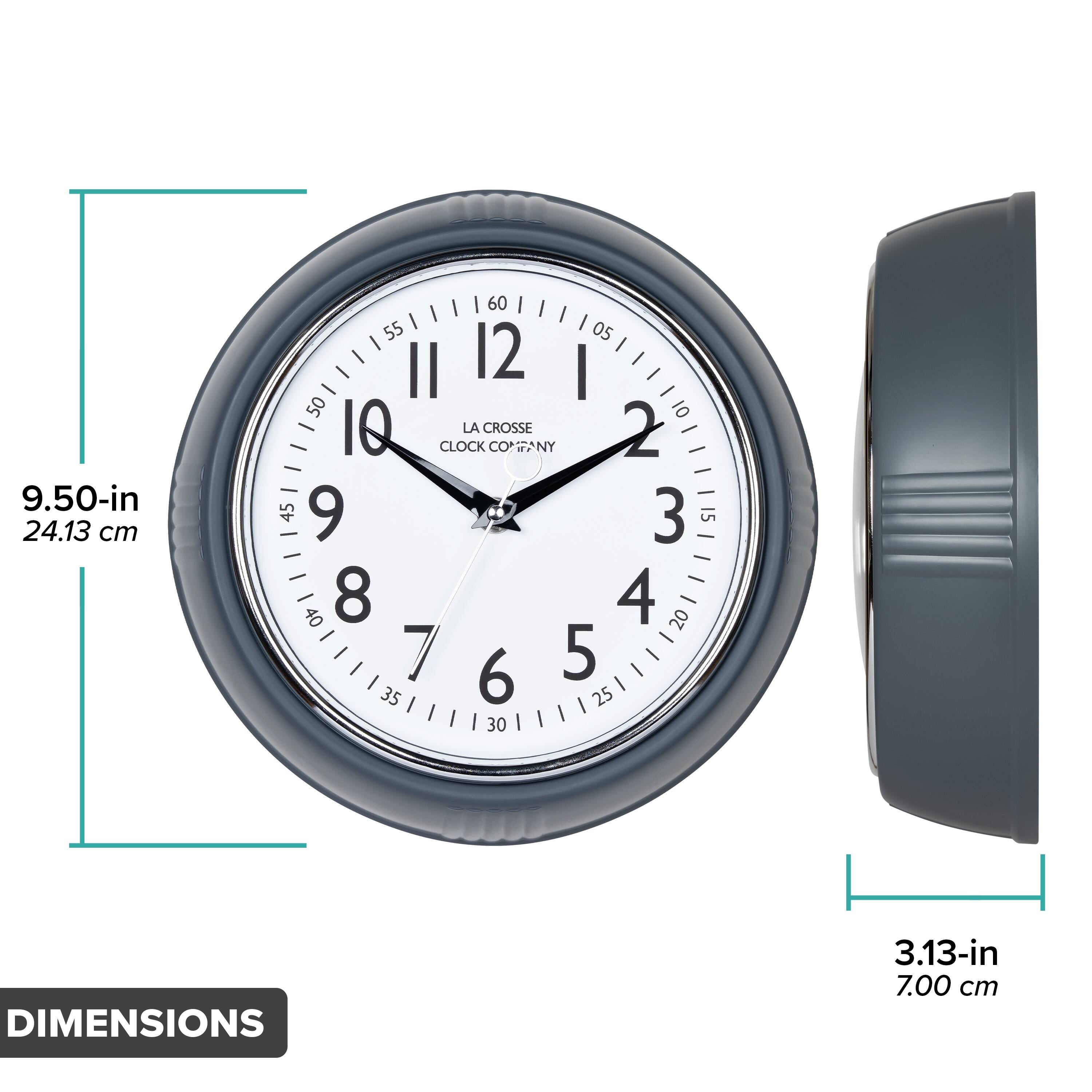 9.50-in 24.13 cm  
60 55 50 45 40 35 30 25 20 15 10 5 0  
12 1 2 3 4 5 6 7 8 9 10 11  
LA CROSSE CLOCK COMPANY  
3.13-in 7.00 cm  
DIMENSIONS