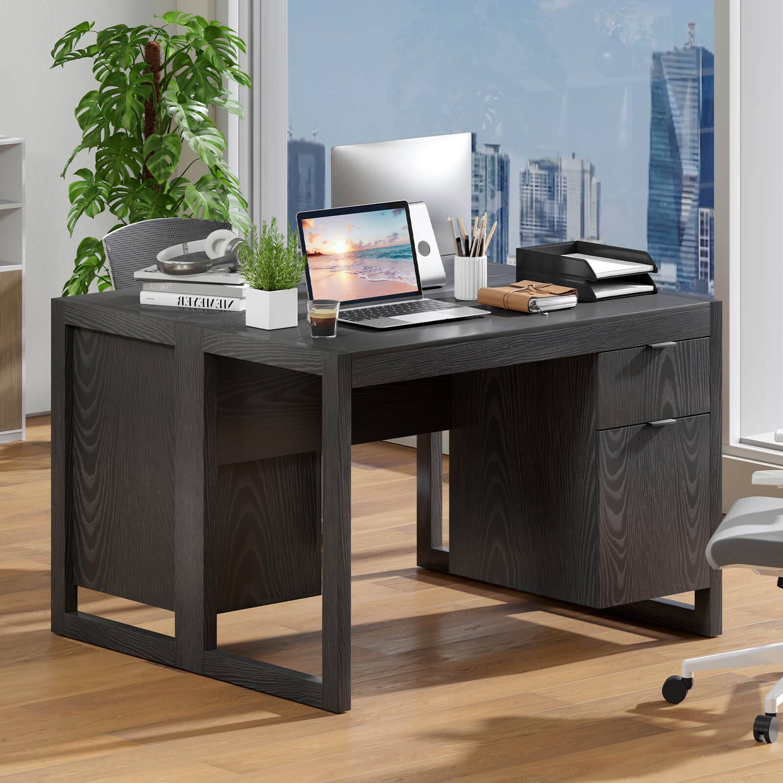 Alt View 4. Costway - Costway Computer Desk with Storage Cabinet Pull-out Drawer Stable Thick Legs for Bedroom - Black.