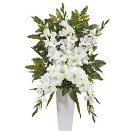 BreeBe - 35" Gladiolas & Fern Artificial Arrangement Vase - White