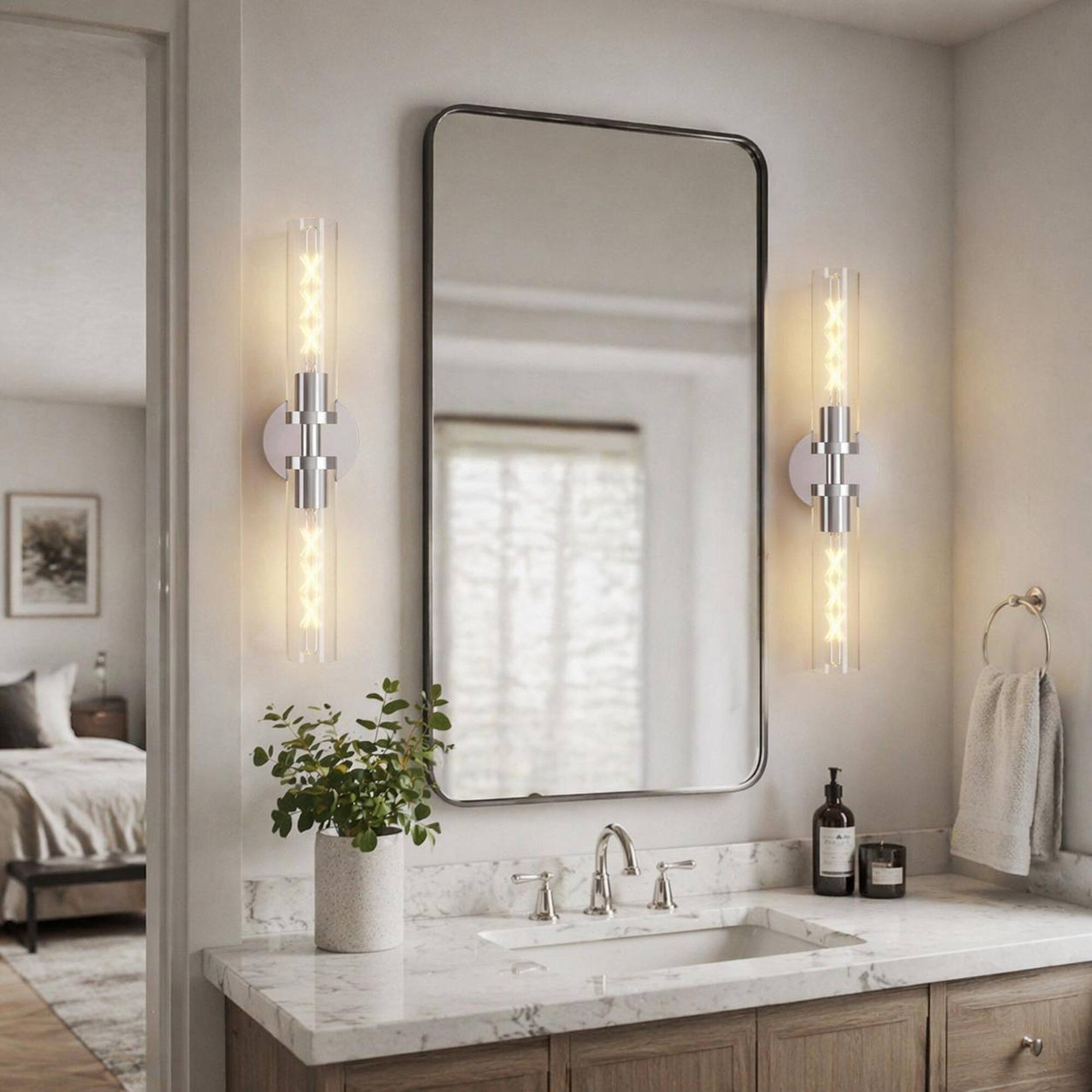 Alt View 2. RYHNUYNE - Brushed Nickel Wall Sconces 2-Pack with Clear Glass Shades for Bathroom Vanity, Hallway, and Bedroom Lighting.