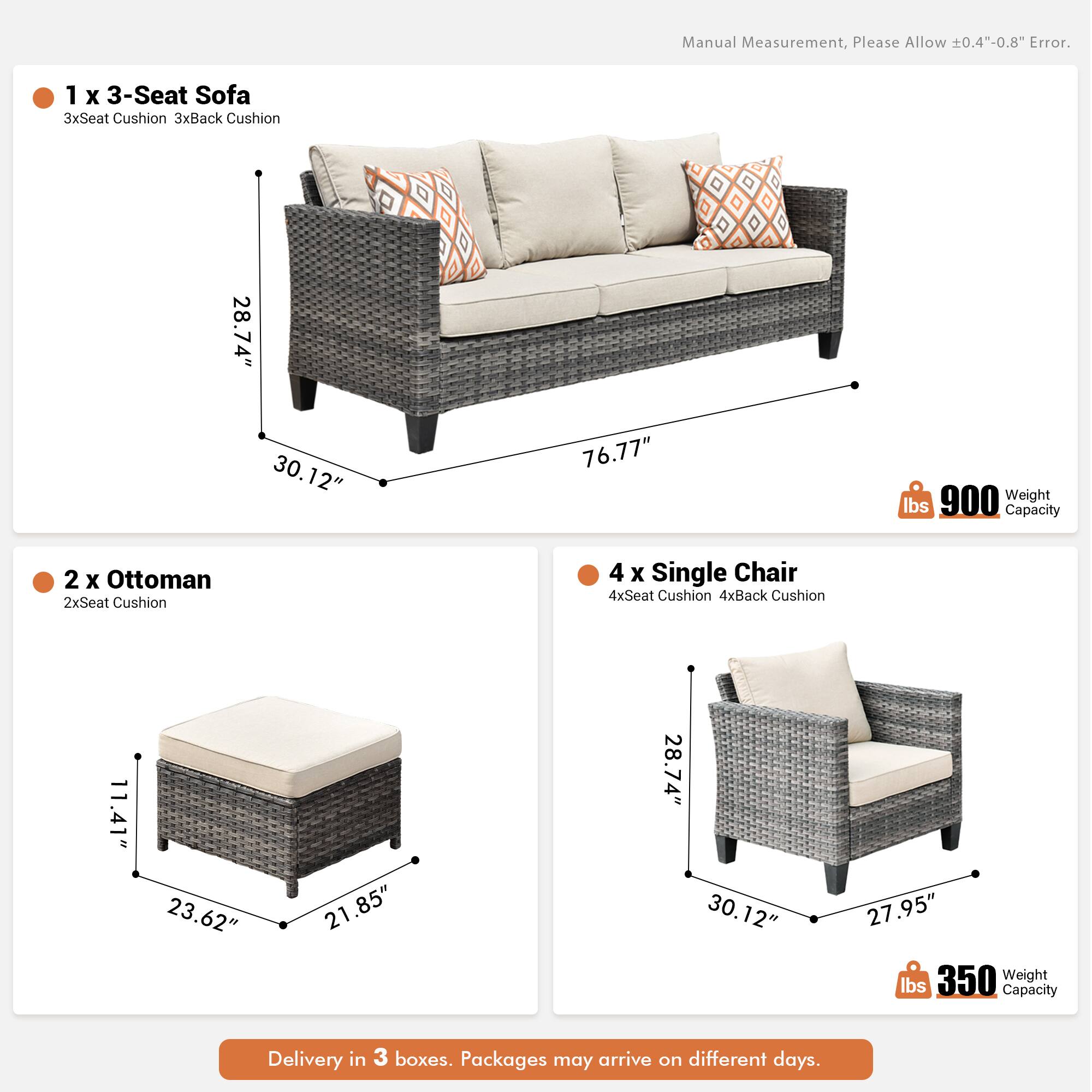 Manual Measurement, Please Allow 0.4"-0.8" Error.

1 x 3-Seat Sofa  
3xSeat Cushion 3xBack Cushion  
28.74" x 30.12" x 76.77"  
900 lbs Weight Capacity

2 x Ottoman  
2xSeat Cushion  
11.41" x 23.62" x 21.85"  
350 lbs Weight Capacity

4 x Single Chair  
4xSeat Cushion 4xBack Cushion  
28.74" x 30.12" x 27.95"  
350 lbs Weight Capacity

Delivery in 3 boxes. Packages may arrive on different days.