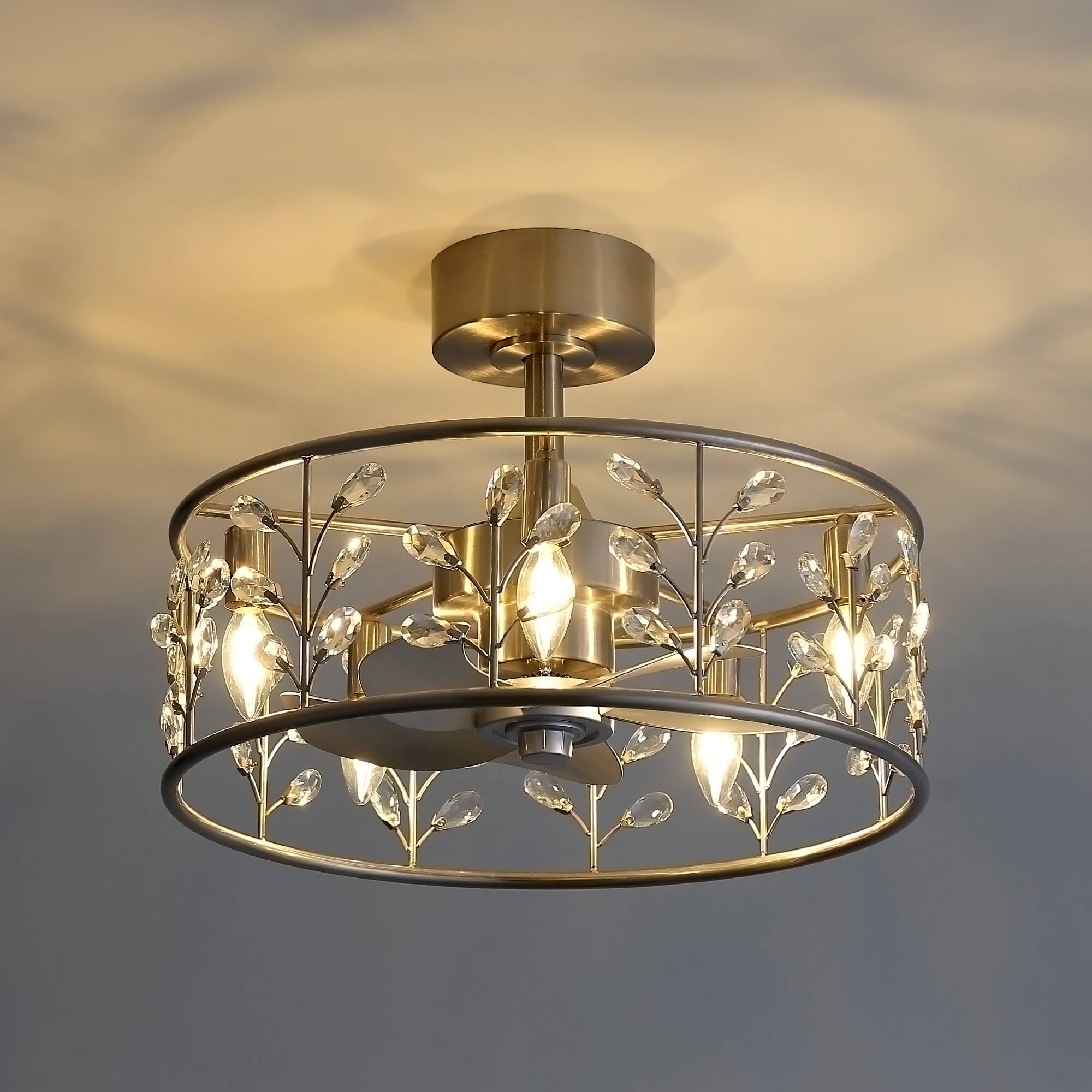 Back. Breezary - 20-Inch Cage Ceiling Fan with 5-Light Fixture, Crystal Accents, 5 ABS Blades, DC Motor, 6 Speeds and Remote Control - Satin Nickel and Silver.