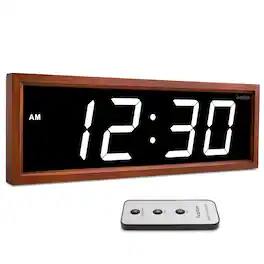Ivation - Digital Wall Clock, 18" LED Display, Brown Wood Frame, Auto Dimming, Remote - White