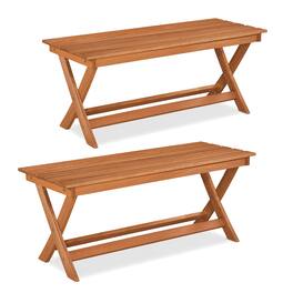 Costway - 2 Pcs Outdoor Bench,Dining Benches with Slatted Seats,2-Person Backless Garden Bench - Natural
