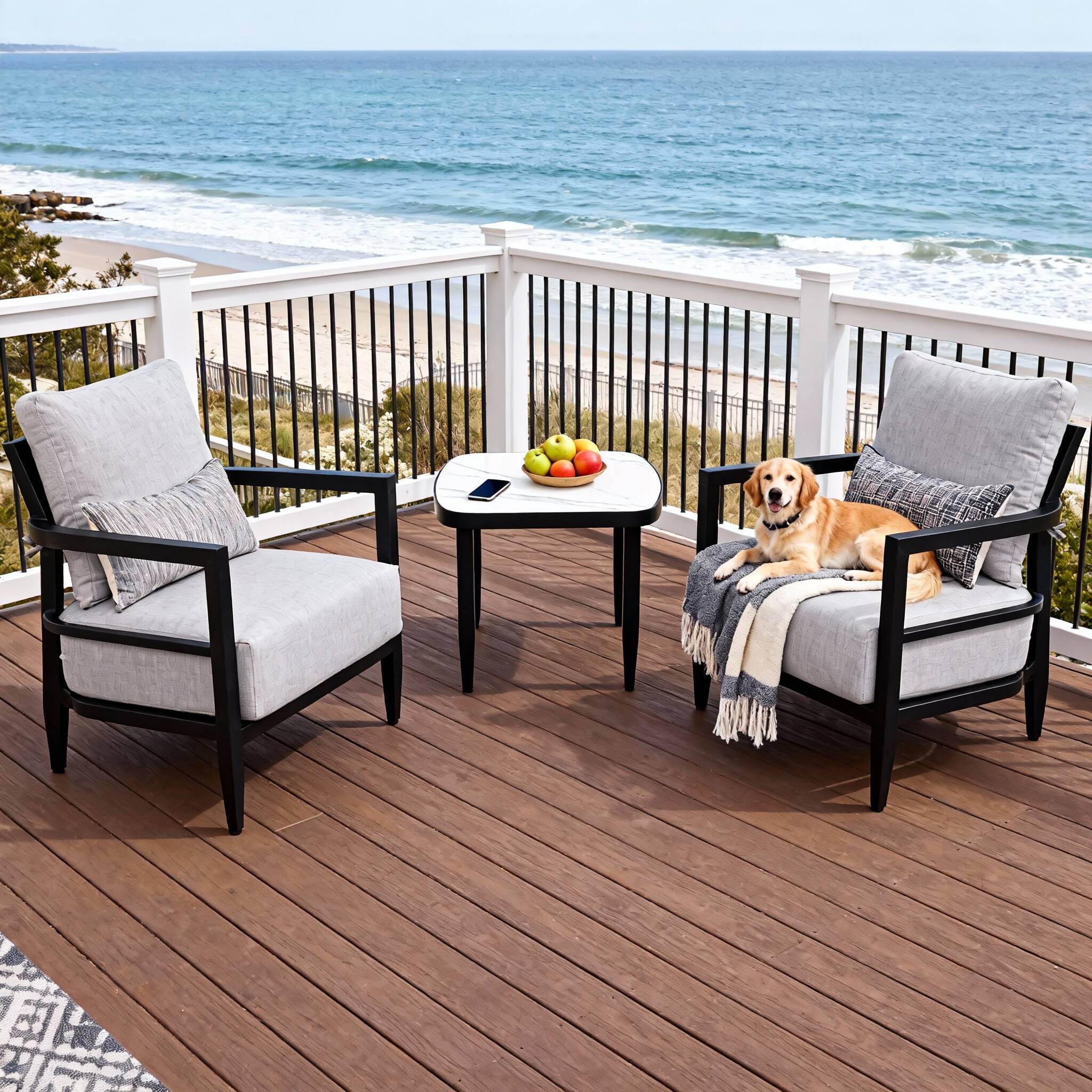 Left. Mondawe - 3-Piece Aluminum Patio Set with Fully Weld Club Chairs, Side Table and Sunbrella Cushions - Ember Black+Grey.