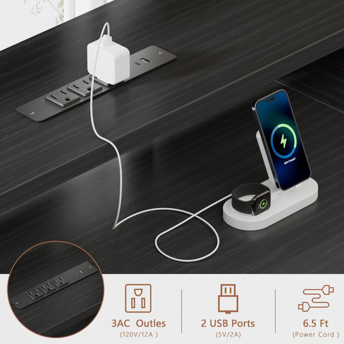 - 3AC Outlets (120V/12A)
- 2 USB Ports (5V/2A)
- 6.5 Ft (Power Cord)