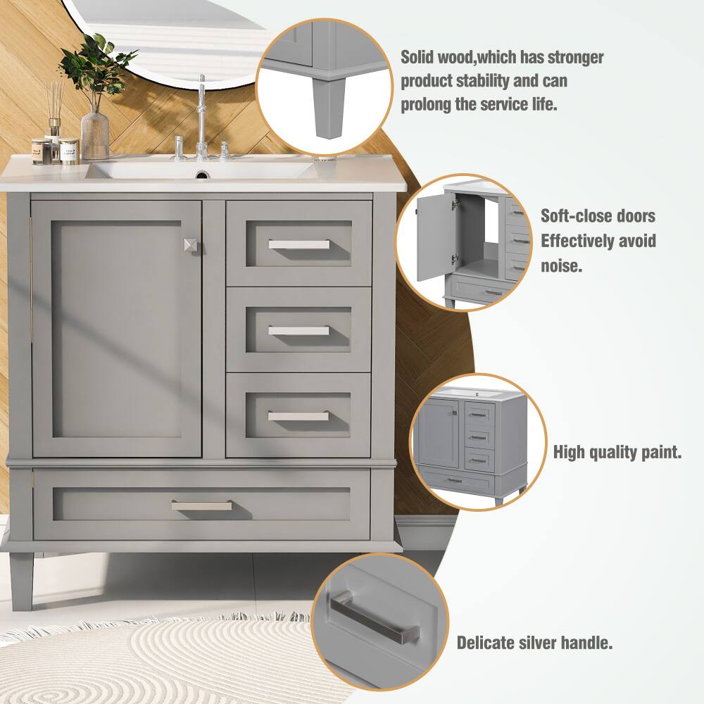 Solid wood, which has stronger product stability and can prolong the service life.  
Soft-close doors effectively avoid noise.  
High quality paint.  
Delicate silver handle.