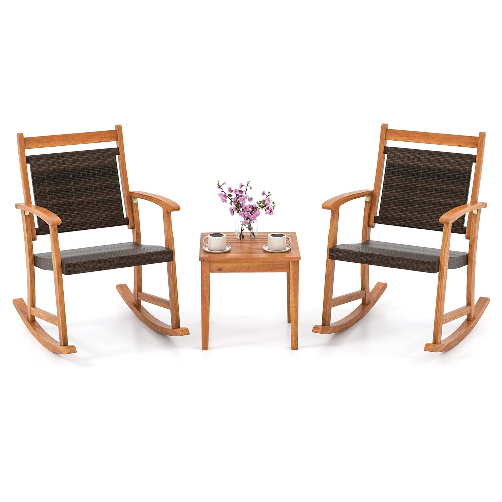 Costway - 3PCS Patio Rattan Rocking Chair Bistro Set Acacia Wood Frame Armrest - Mix Brown,Natural