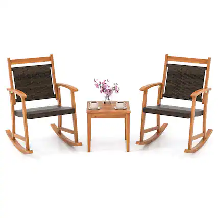 Front. Costway - Costway 3PCS Patio Rattan Rocking Chair Bistro Set Acacia Wood Frame Armrest - Mix Brown,Natural.