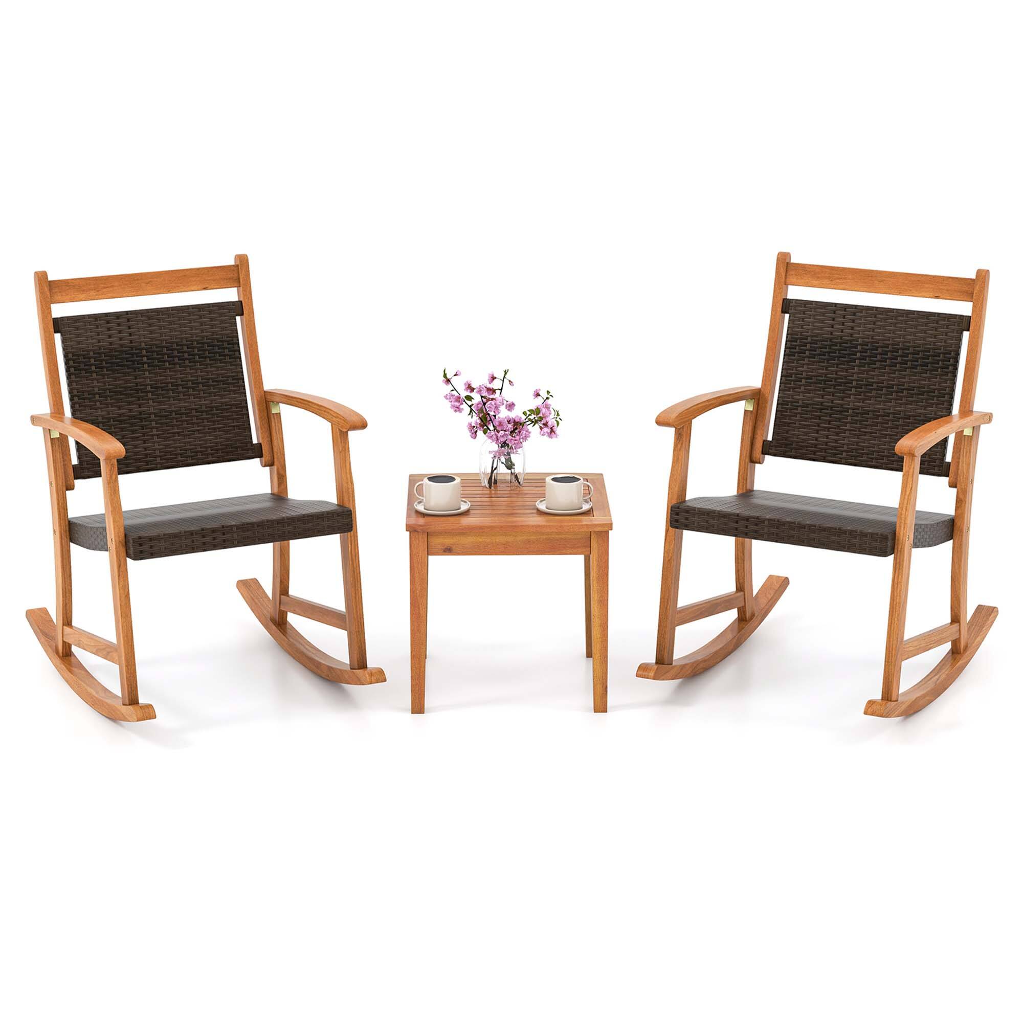 Costway - 3PCS Patio Rattan Rocking Chair Bistro Set Acacia Wood Frame Armrest - Mix Brown,Natural
