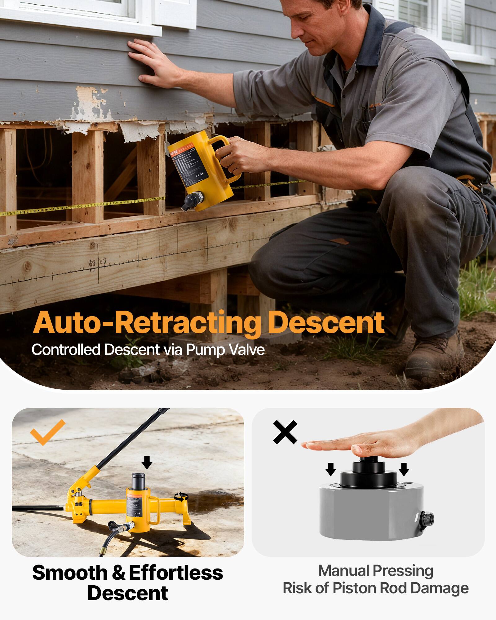 Auto-Retracting Descent  
Controlled Descent via Pump Valve  

Smooth & Effortless Descent  

Manual Pressing  
Risk of Piston Rod Damage