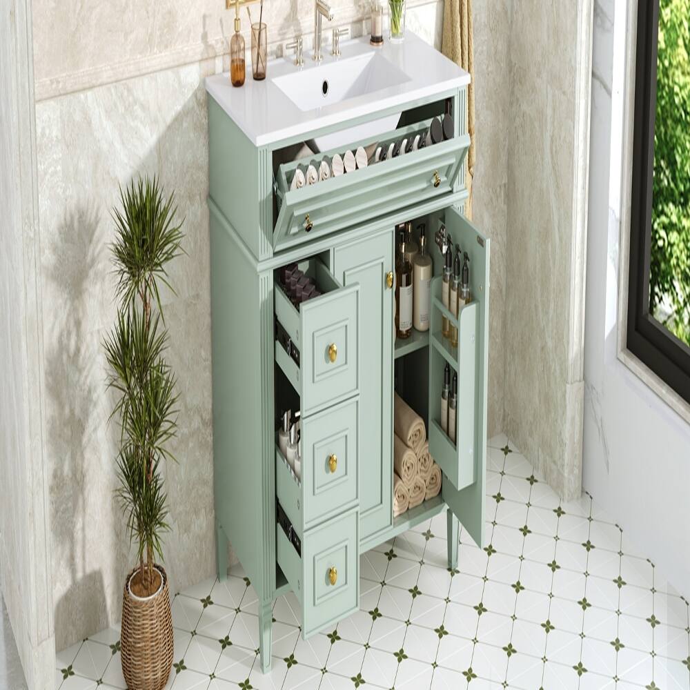 Alt View 2. Loheer - Loheer 36 Inch Bathroom Vanity with Sink, Green Solid Wood Cabinet, Flip-Out Drawer & Gold Handles - Green.