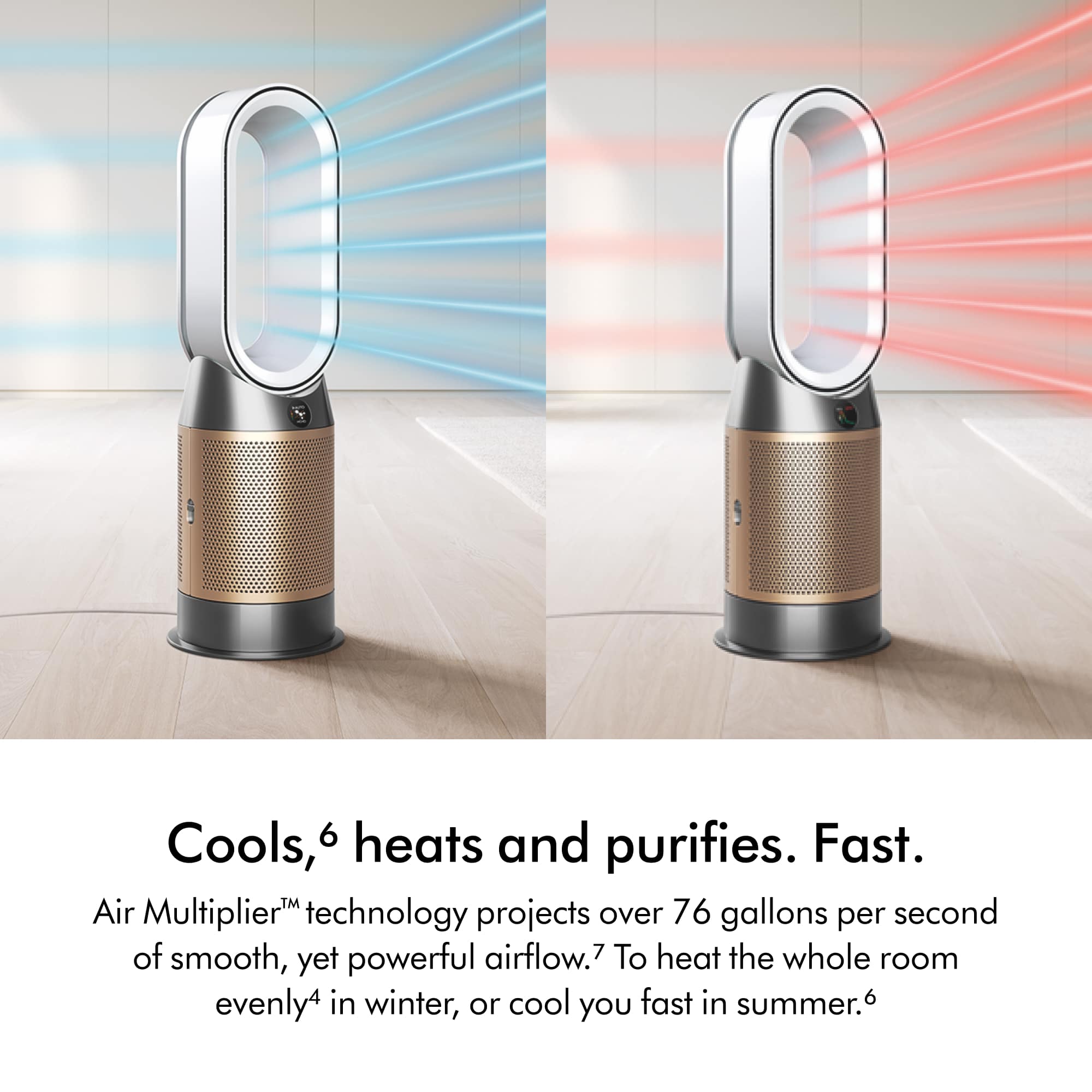 Cools, heats and purifies. Fast. Air Multiplier technology projects over 76 gallons per second of smooth, yet powerful airflow. To heat the whole room evenly in winter, or cool you fast in summer.