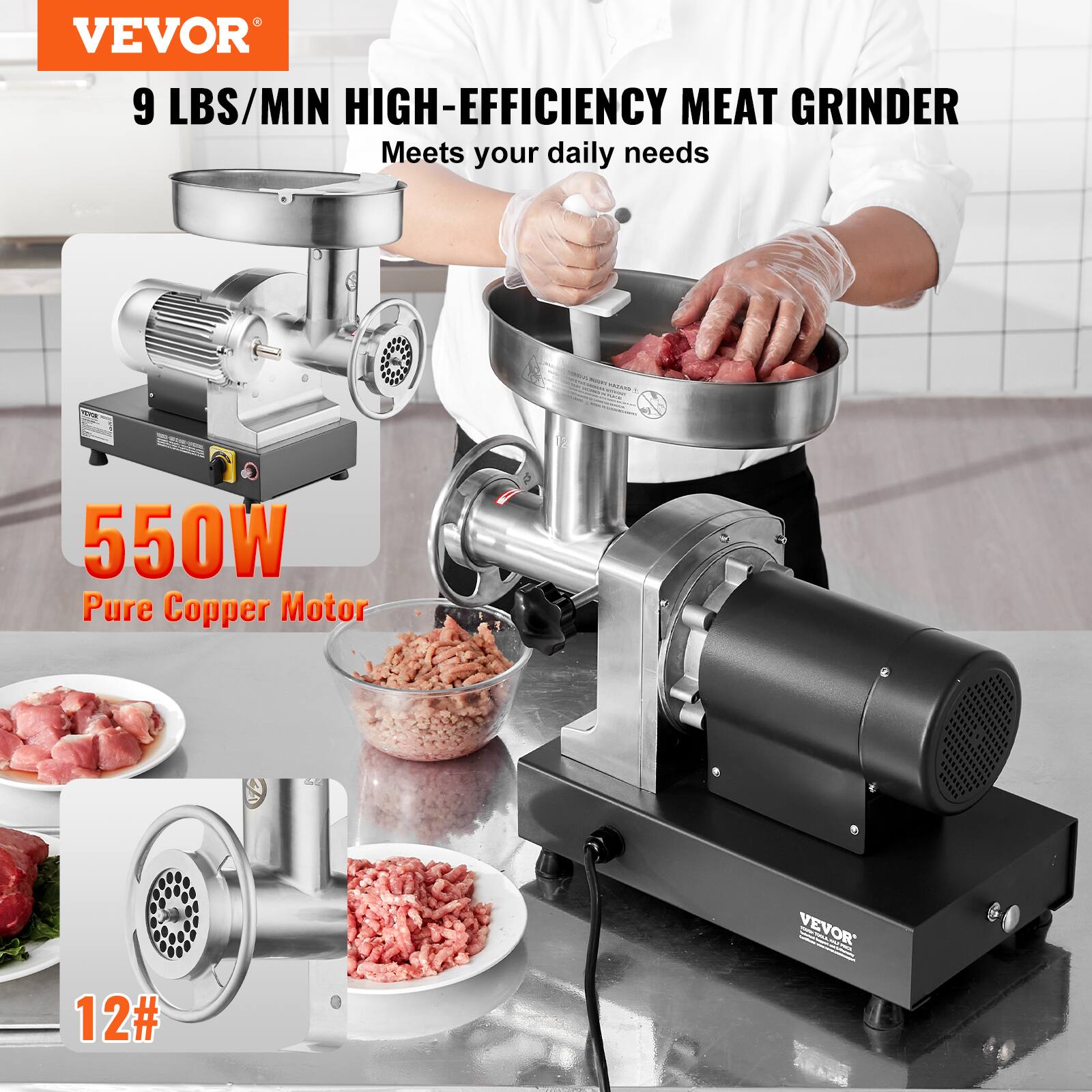 VEVOR

9 LBS/MIN HIGH-EFFICIENCY MEAT GRINDER  
Meets your daily needs

550W  
Pure Copper Motor

12#