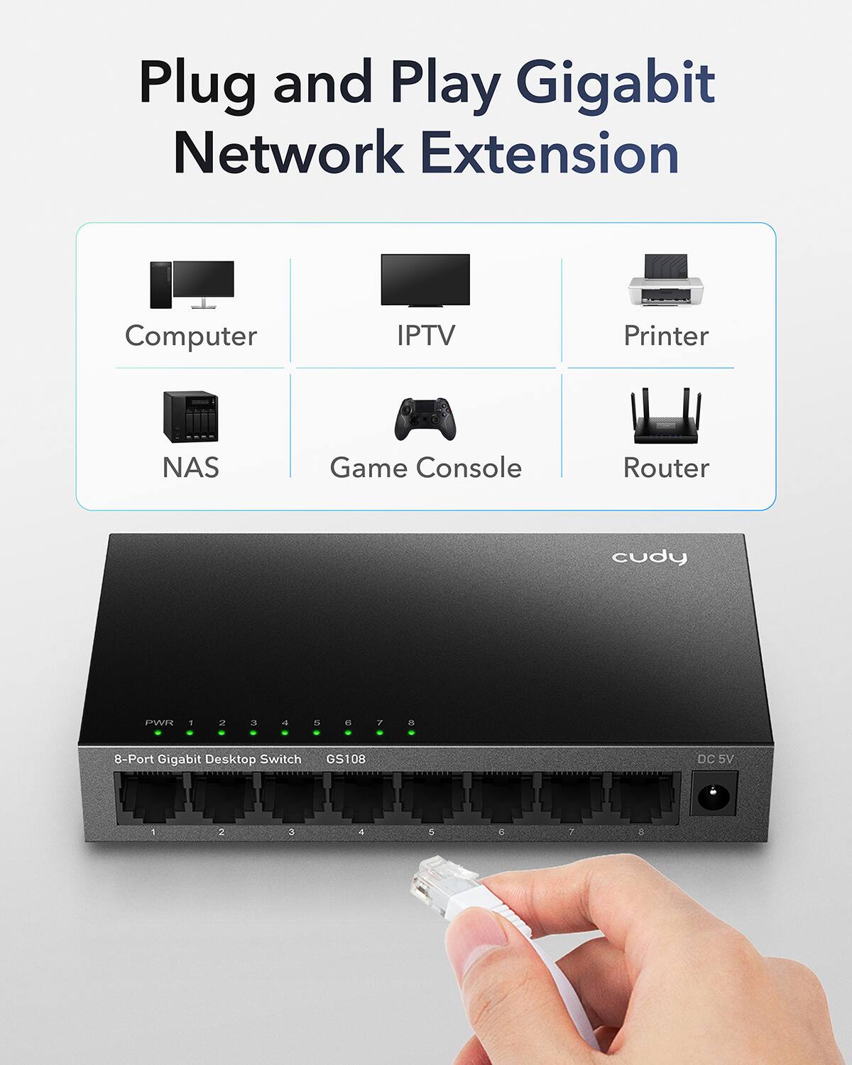 Plug and Play Gigabit Network Extension Computer IPTV Printer NAS Game Console Router cudy P 1 2 a a 5 n / n 8-Port Gigabit Desktop Switch GS108 DC 5V 3 7 A