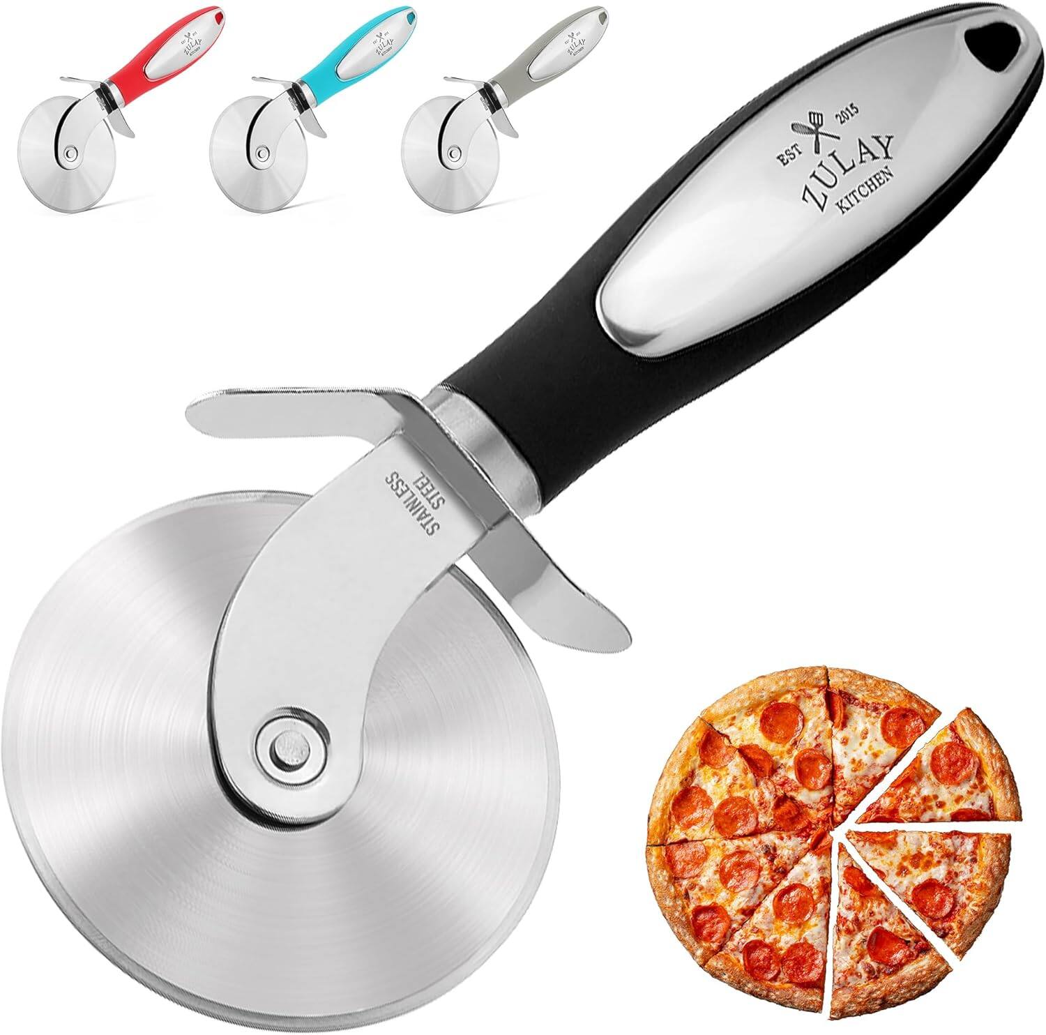 Zulay Kitchen - Large Stainless Steel Pizza Cutter Wheel - Super Sharp, Non-Slip Handle & Dishwasher Friendly - Black