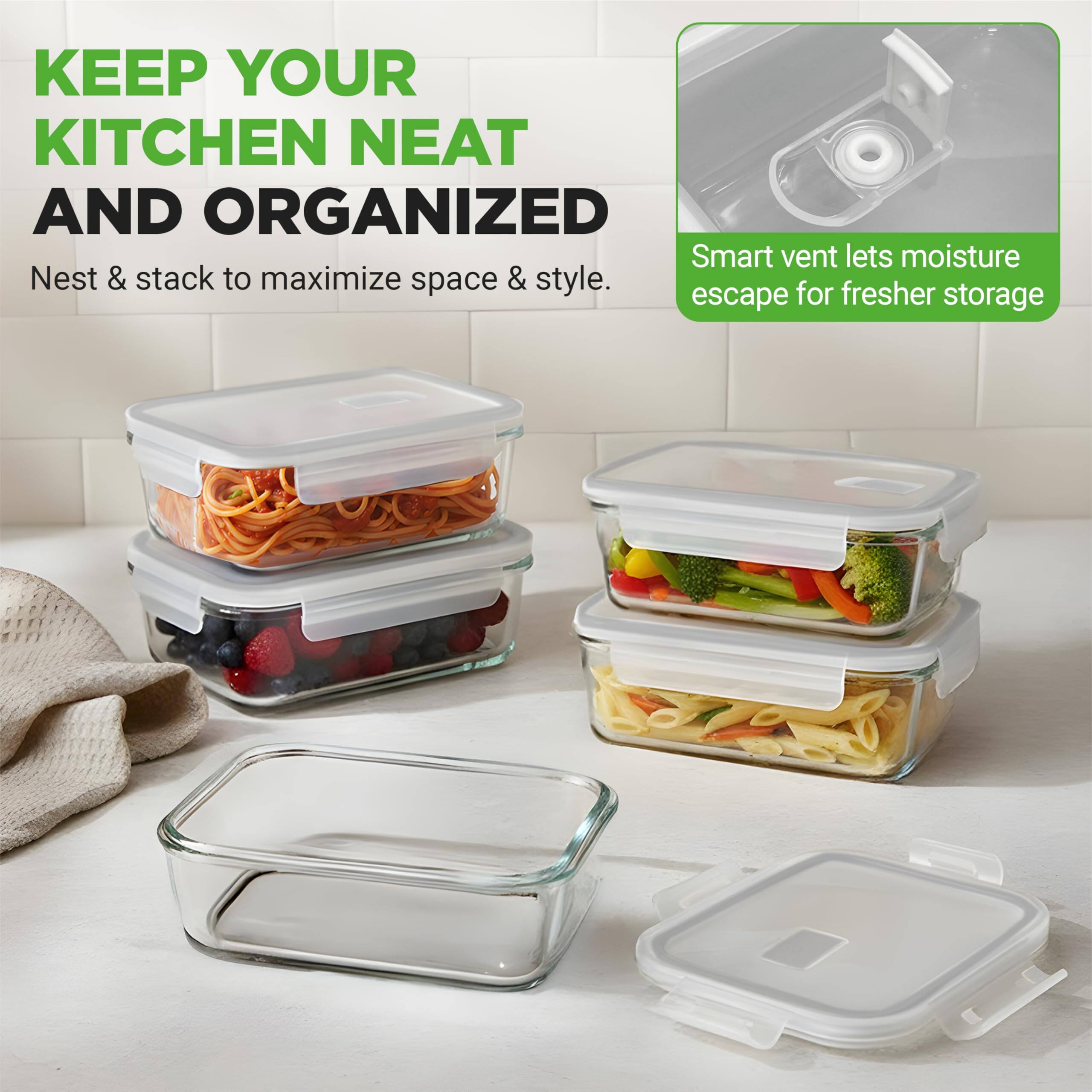 KEEP YOUR KITCHEN NEAT AND ORGANIZED

Nest & stack to maximize space & style.

Smart vent lets moisture escape for fresher storage