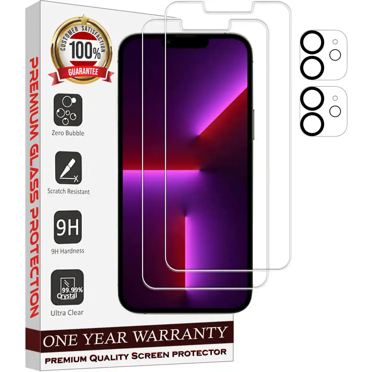 CUSTOMER 100% SATISFACTION GUARANTEE PREMIUM Zero Bubble GLASS Scratch Resistant 9H 9H Hardness PROTECTION ONE Ultra Crystal 99.99% Clear YEAR QUALITY WARRANTY SCREEN PROTECTOR PREMIUM