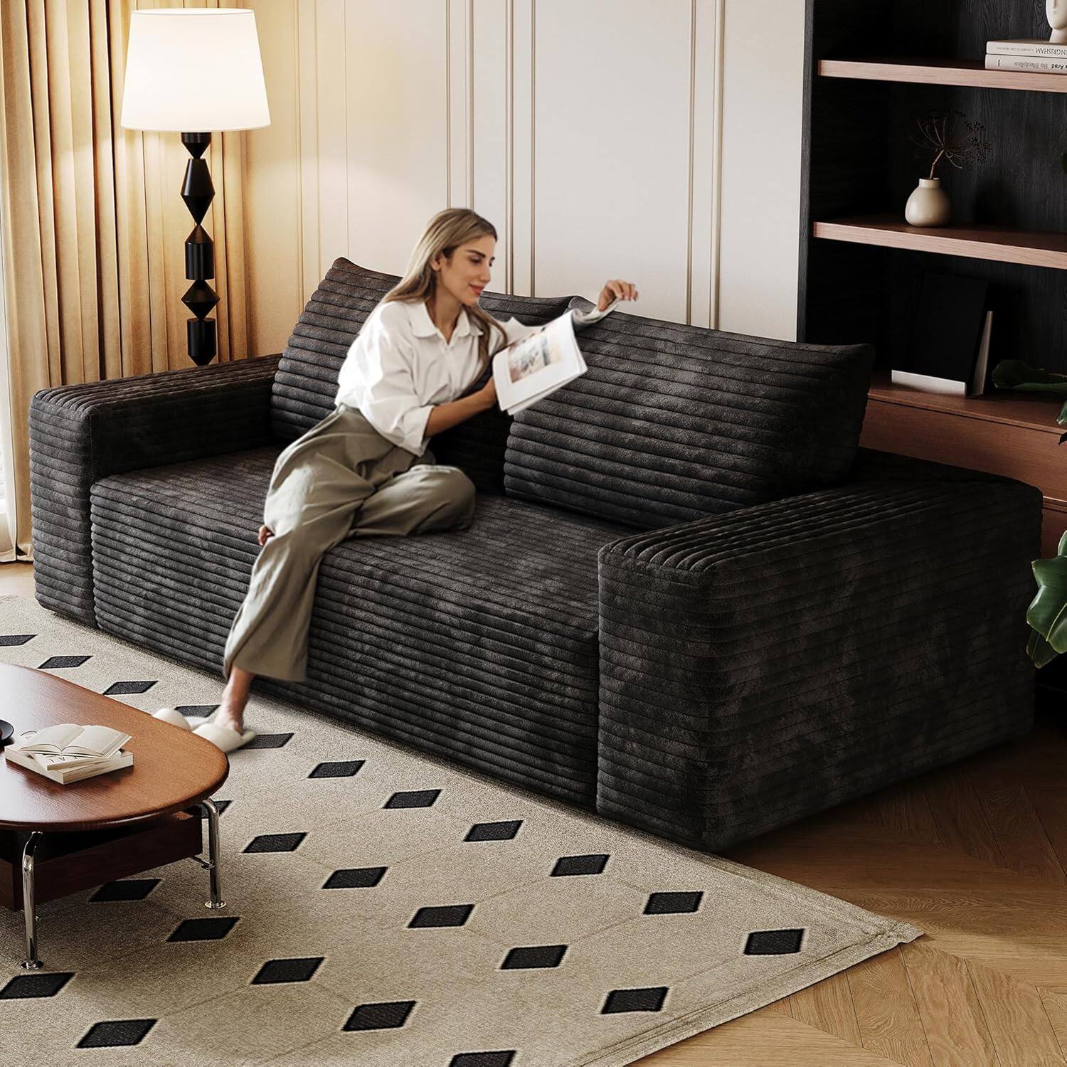 Alt View 4. Trinkets Crazed - 71" 3-Seater LoveSeat Sofa Plush Corduroy Boneless Couch with High Cushion Backrest and Wider Armrest - black.