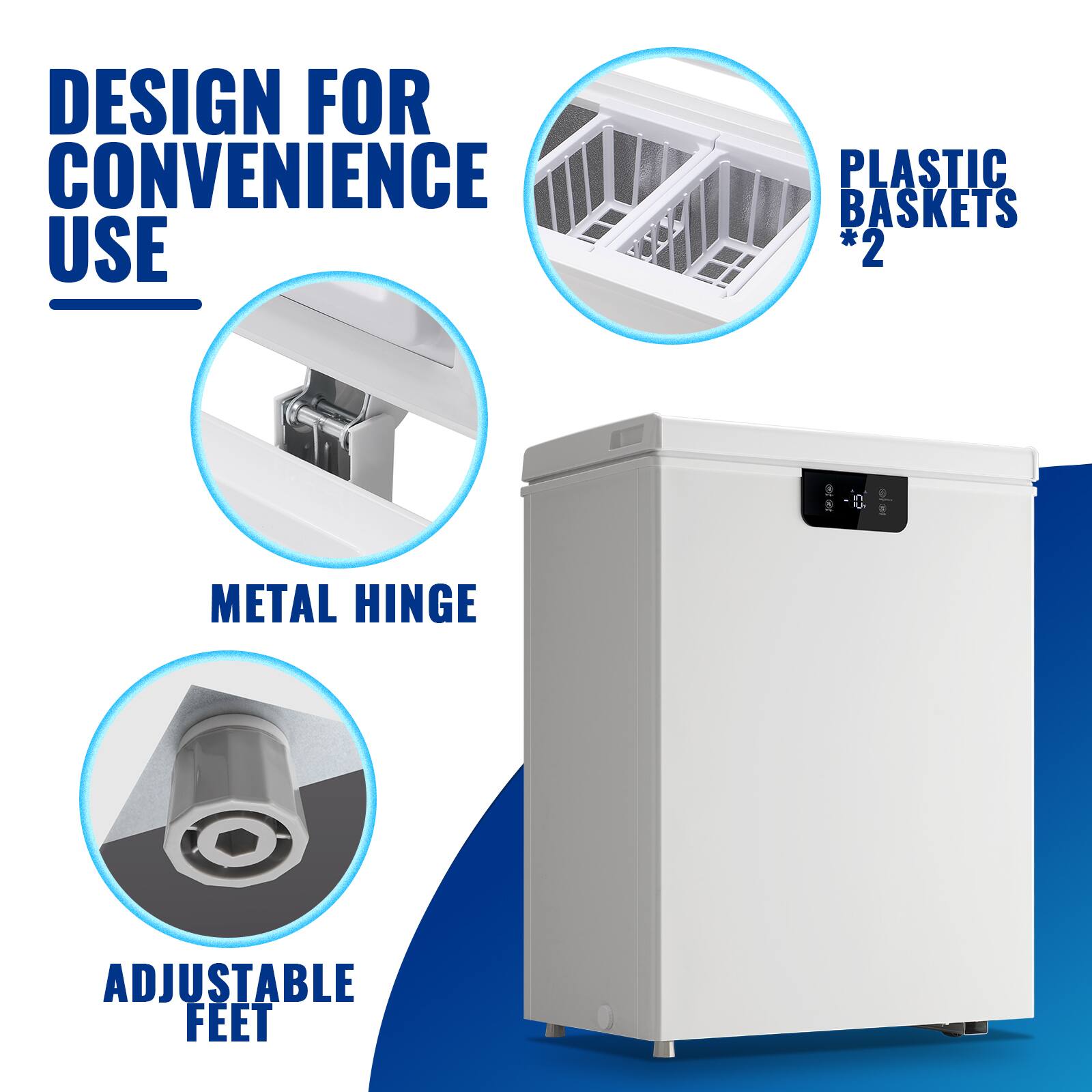 DESIGN FOR CONVENIENCE USE

PLASTIC BASKETS *2

METAL HINGE

ADJUSTABLE FEET