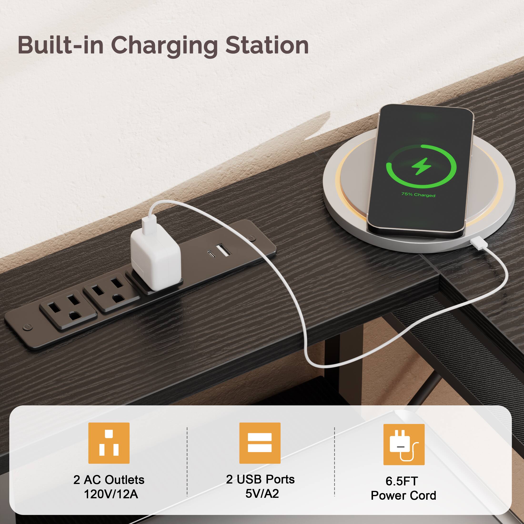Built-in Charging Station  
75% Charged  
2 AC Outlets 120V/12A  
2 USB Ports 5V/A2  
6.5FT Power Cord
