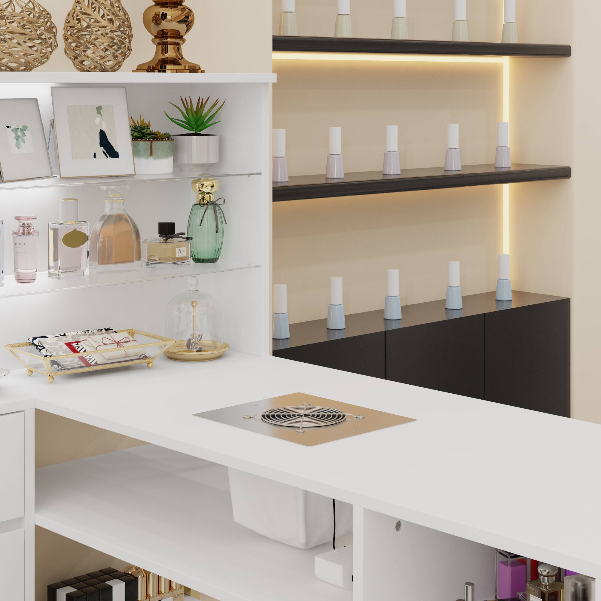 Alt View 6. Famapy - Luxury Nail Desk and Makeup Vanity with Storage Drawers Dust Collector Ergonomic Beauty Workstation Table - White.