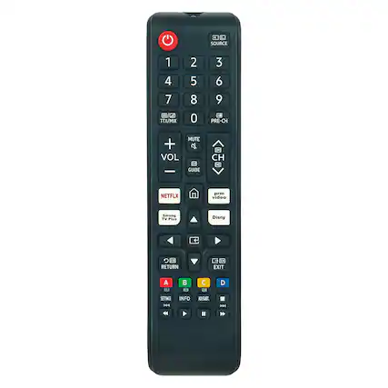 + SOURCE 1 2 3 4 5 6 7 8 9 0 PRE-CH MUTE + 4 VOL 16 GUIDE D CH H NETFLX prm video Smong TV Plus Disny 10 RETURN EXIT A B C D SETTINES HH INFO ADVSUBT PM