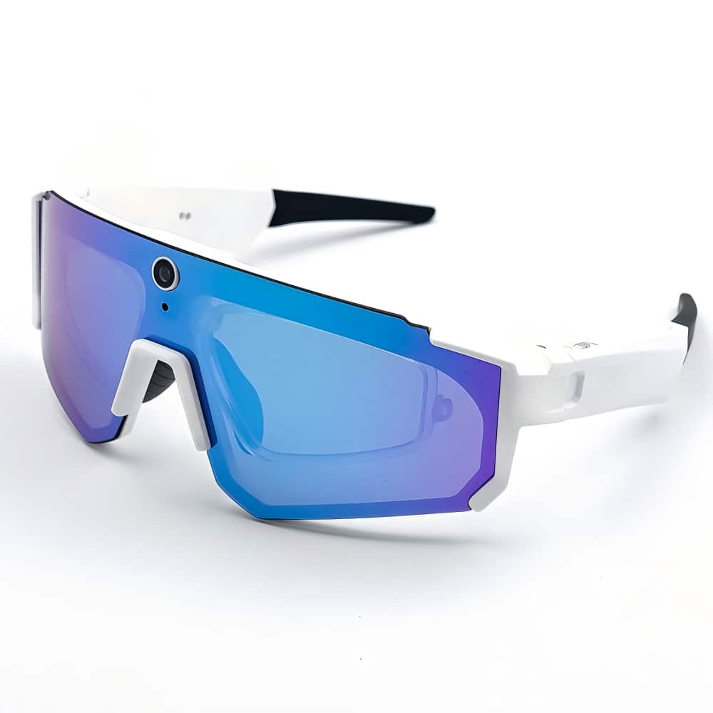 PRIMEPLUS - Cycling Smart Glasses with 8MP Camera, AI Translation & GPT, Sports Sunglasses for Phone Calls & Music, IP67 - WHITE - BLUE