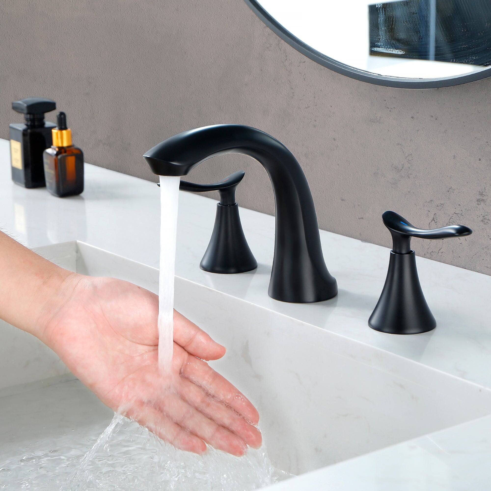 Left. Boyel Living - 8 in Widespread Double Handle 1.2 GPM Bathroom Faucet with Quick Connect Hose and Pop Up Drain in Matte Black - Matte Black.