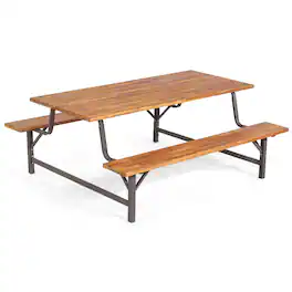 Costway - Acacia Wood Patio Picnic Table Bench Set with 71" Tabletop & 2" Umbrella Hole - Brown