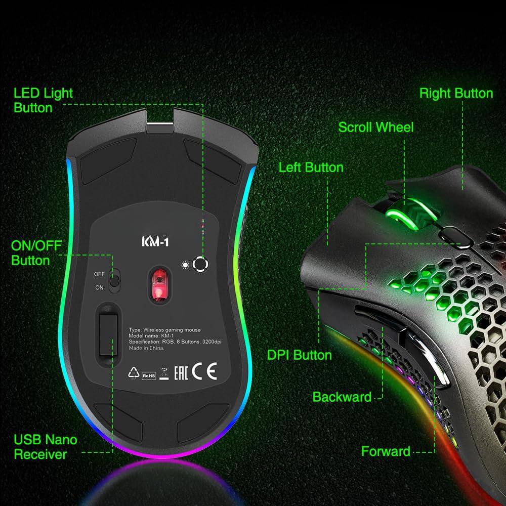 Sure, here is the corrected and grouped text from the image:

---

**LED Light Button**

**ON/OFF Button**

**Right Button**

**Scroll Wheel**

**Left Button**

**DPI Button**

**Backward**

**Forward**

**USB Nano Receiver**

---

**Type:** Wireless gaming mouse

**Model name:** KM-1

**Specification:** RGB 8 Buttons, 3200dpi

**Made in China**

**RHS AC C E**

**RoHS**

**EAL**

**CE**

---