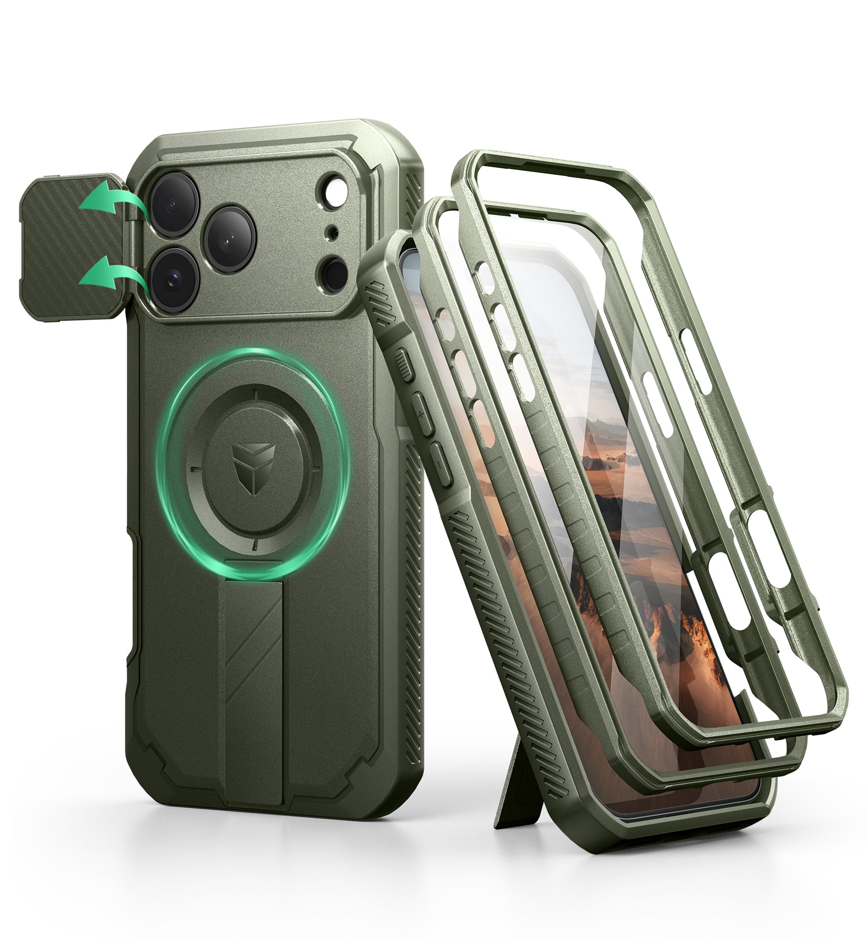 Front. dexnor - Dexnor iPhone 17 Pro Max Case: 2 Front Frames, Flip Cam Cover, Kickstand, Mag,Screen Protector, 6.9in Army Green - Army Green.