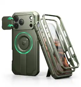 dexnor - iPhone 17 Pro Max Case: 2 Front Frames, Flip Cam Cover, Kickstand, Mag,Screen Protector, 6.9in - Army Green