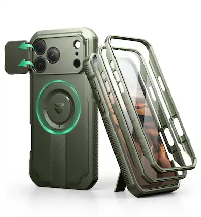 Front. dexnor - Dexnor iPhone 17 Pro Max Case: 2 Front Frames, Flip Cam Cover, Kickstand, Mag,Screen Protector, 6.9in Army Green - Army Green.