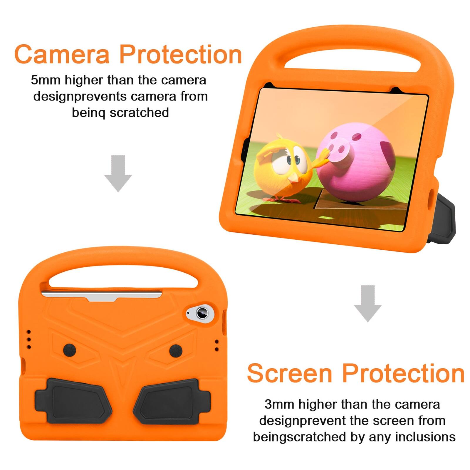 Camera Protection  
5mm higher than the camera design prevents camera from being scratched  

Screen Protection  
3mm higher than the camera design prevents the screen from being scratched by any inclusions