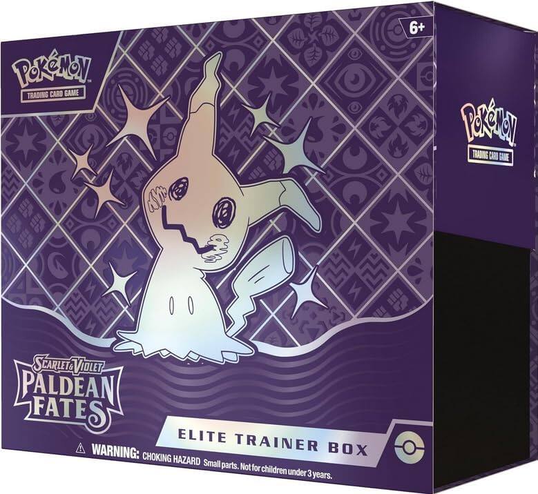 Pokémon Trading Card Game  
Scarlet & Violet  
Paldean Fates  
Elite Trainer Box  

6+  

Warning: Choking Hazard. Small parts. Not for children under 3 years.