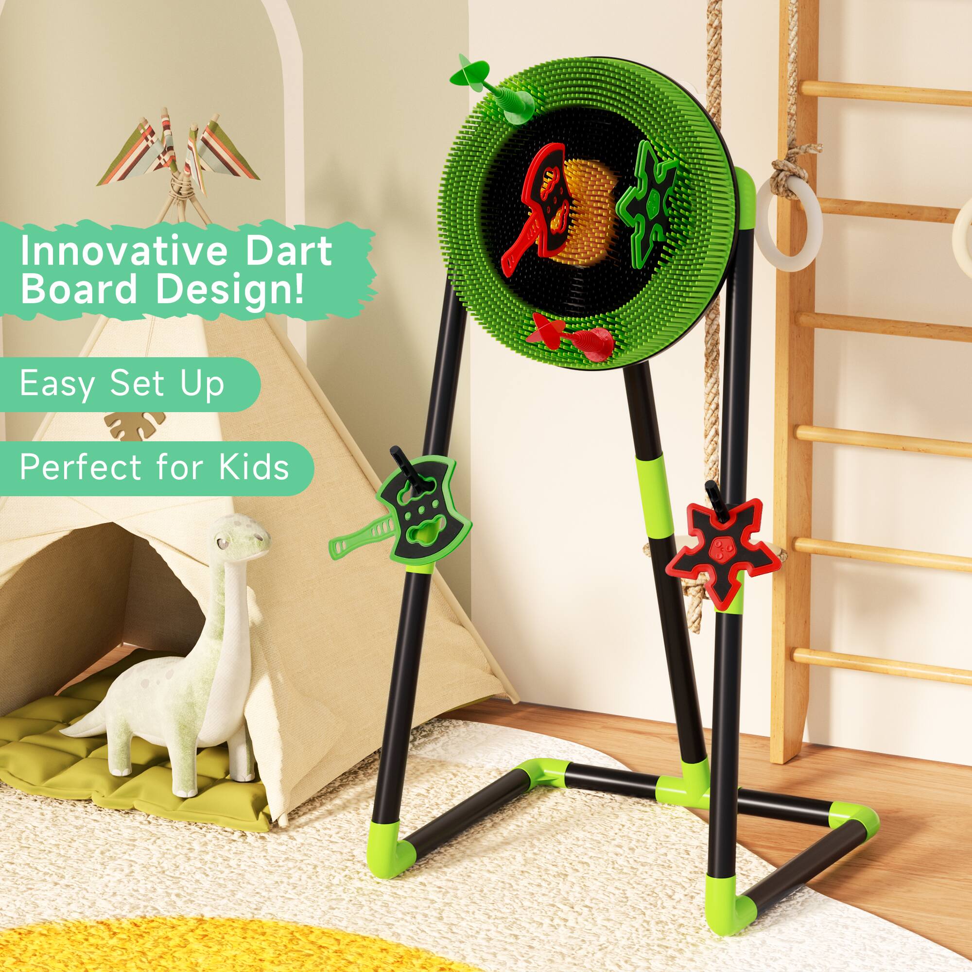Innovative Dart Board Design!  
Easy Set Up  
Perfect for Kids