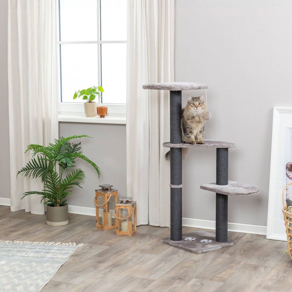 Left. TRIXIE - Altea Plush 3-Level Cat Tree with Sisal Scratching Posts & Cat Toy - Dark Gray.