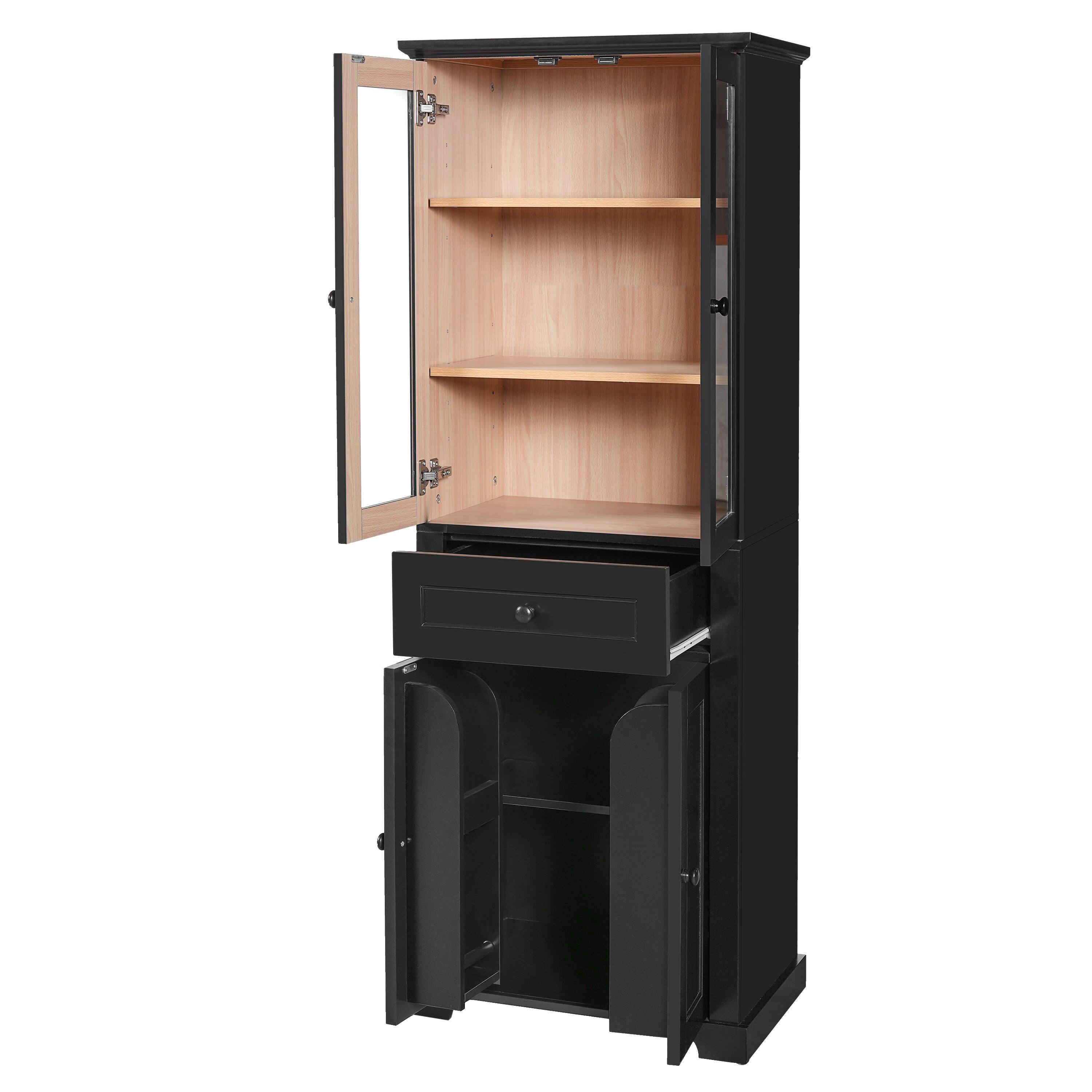 Back. Boyel Living - 67.2 Inch Black Tall Bathroom Storage Cabinet with Tempered Glass Doors Adjustable Shelves Drawer Soft Close Linen Tower - Black.