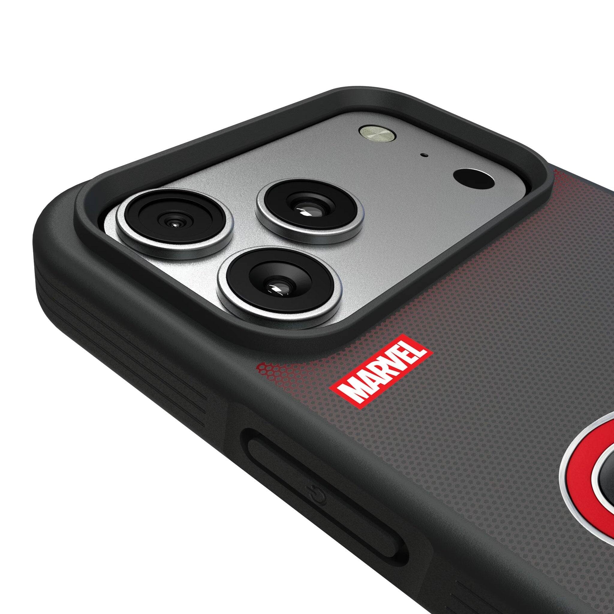 Left. Keyscaper - Marvel Grid Bump Phone Case - Apple iPhone 17 - Deadpool Wolverine.