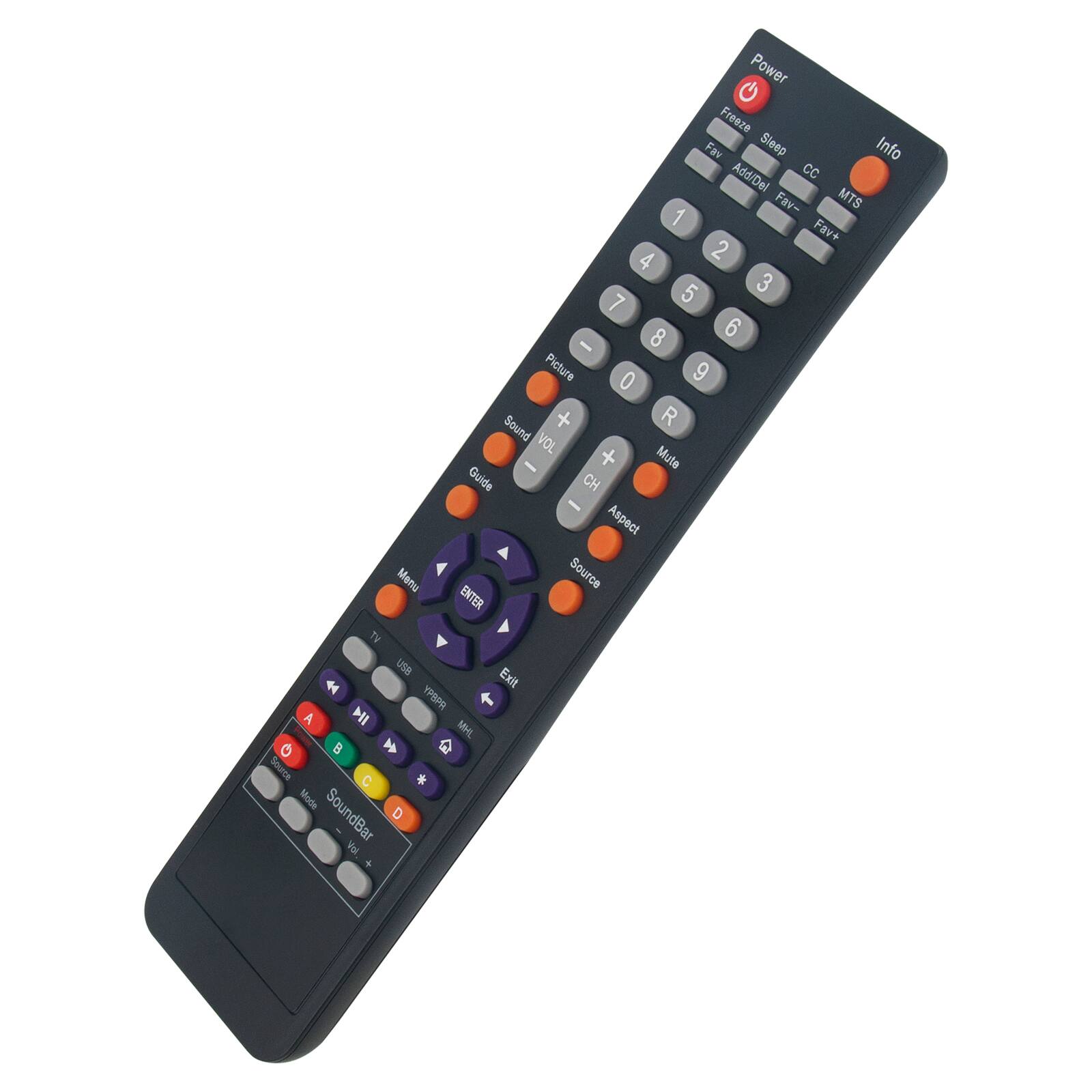 Power Freeze Fav Sleep Info Add/Del CC Fav- MTS 1 Fav+ 2 3 4 5 6 7 8 9 - Picture 0 + R Sound VOL + Mute Guide CH Aspect Memu Source ENTER TV uSB Exit A B C D * Mode SoundBar