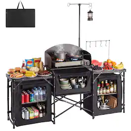 VEVOR - Folding Camping Table, Outdoor Portable Table, Quick Set-up Kitchen Cook Station, with Storage Organizer - Black
