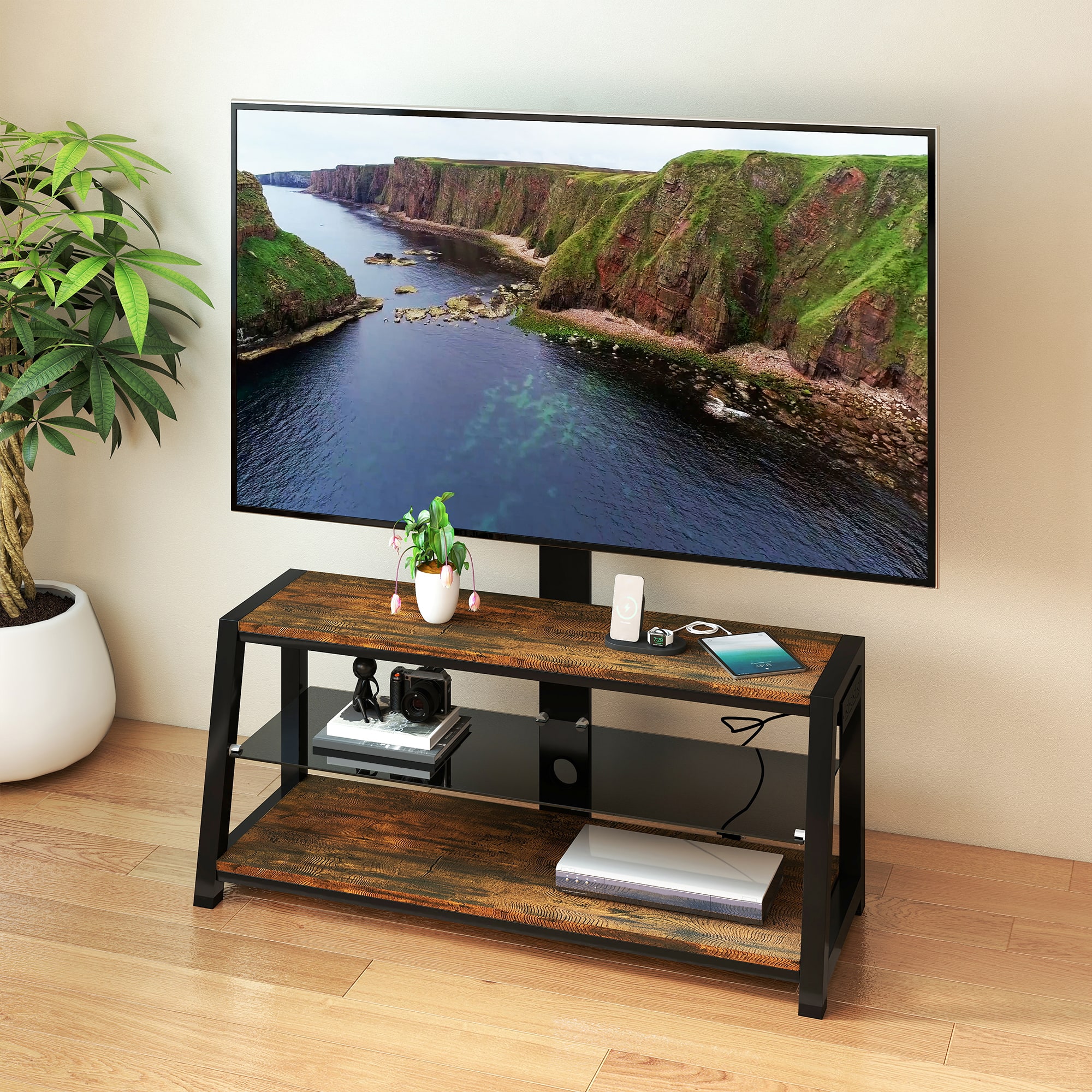Z-Edge - TV Stand with Mount and Tempered Glass, Height Adjustable Universal Swivel Entertainment Center for 32-65 inch TVs - Brown