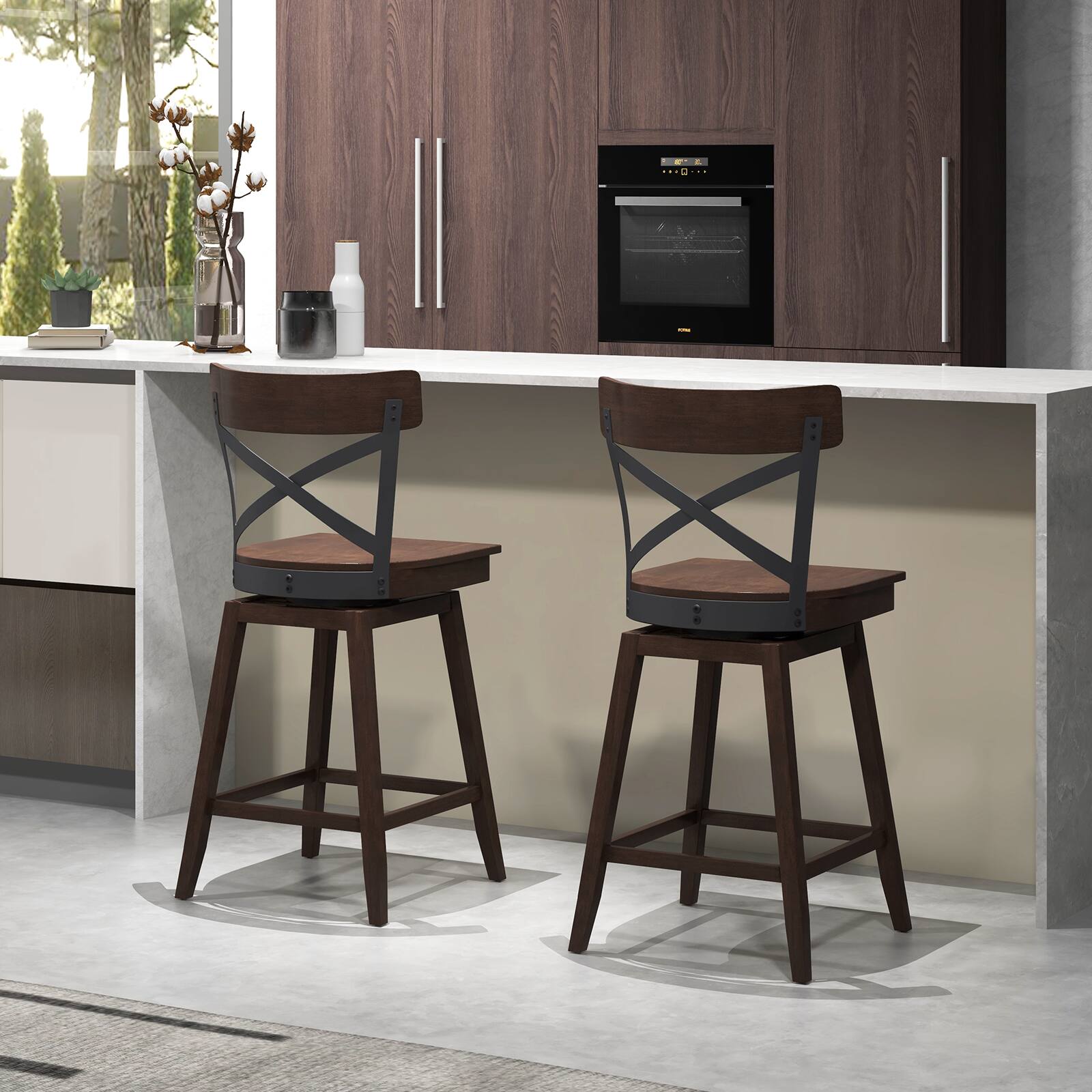 Alt View 1. Ecooso - Set of 2 Wooden Swivel Bar Stools with Open X Back and Footrest - Espresso.