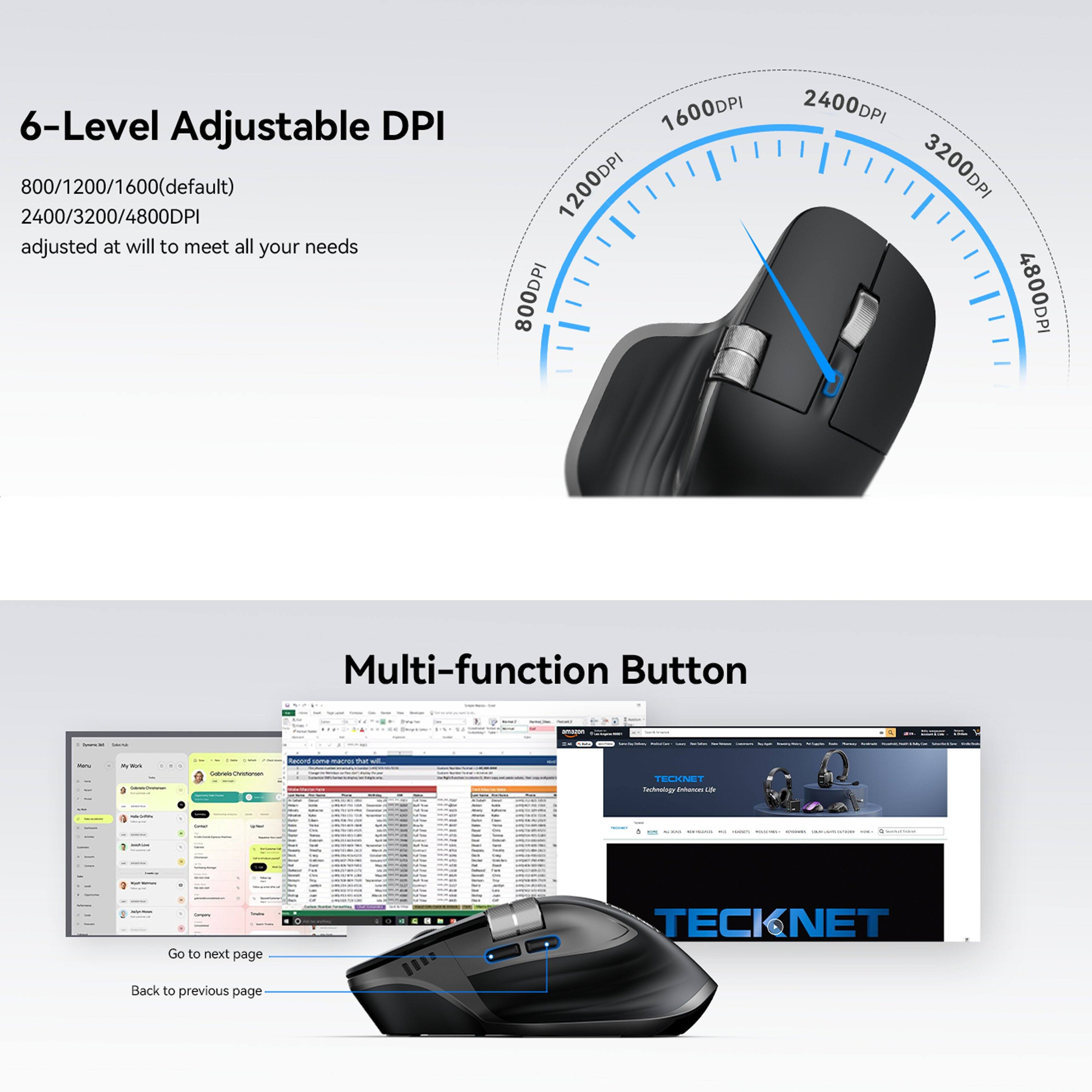 6-Level Adjustable DPI  
800/1200/1600 (default)  
2400/3200/4800 DPI  
adjusted at will to meet all your needs  

Multi-function Button  
- Go to next page  
- Back to previous page  

TECKNET