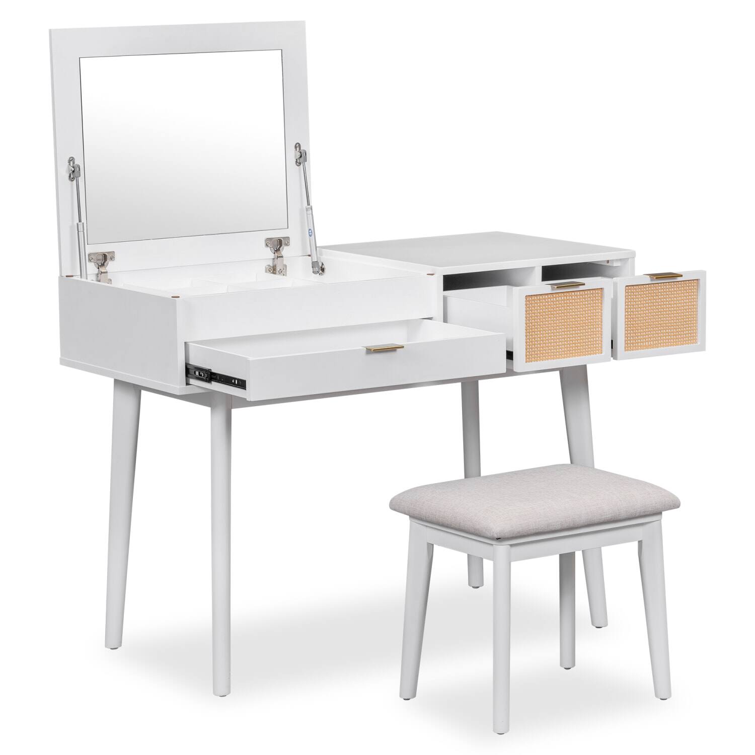 Alt View 2. Lirago - White Wood Dressing Table with Mirror Drawers Stool  Dresser Desk for Makeup Storage 19.7”D x 43.3“ W x 31.7“ H - White.