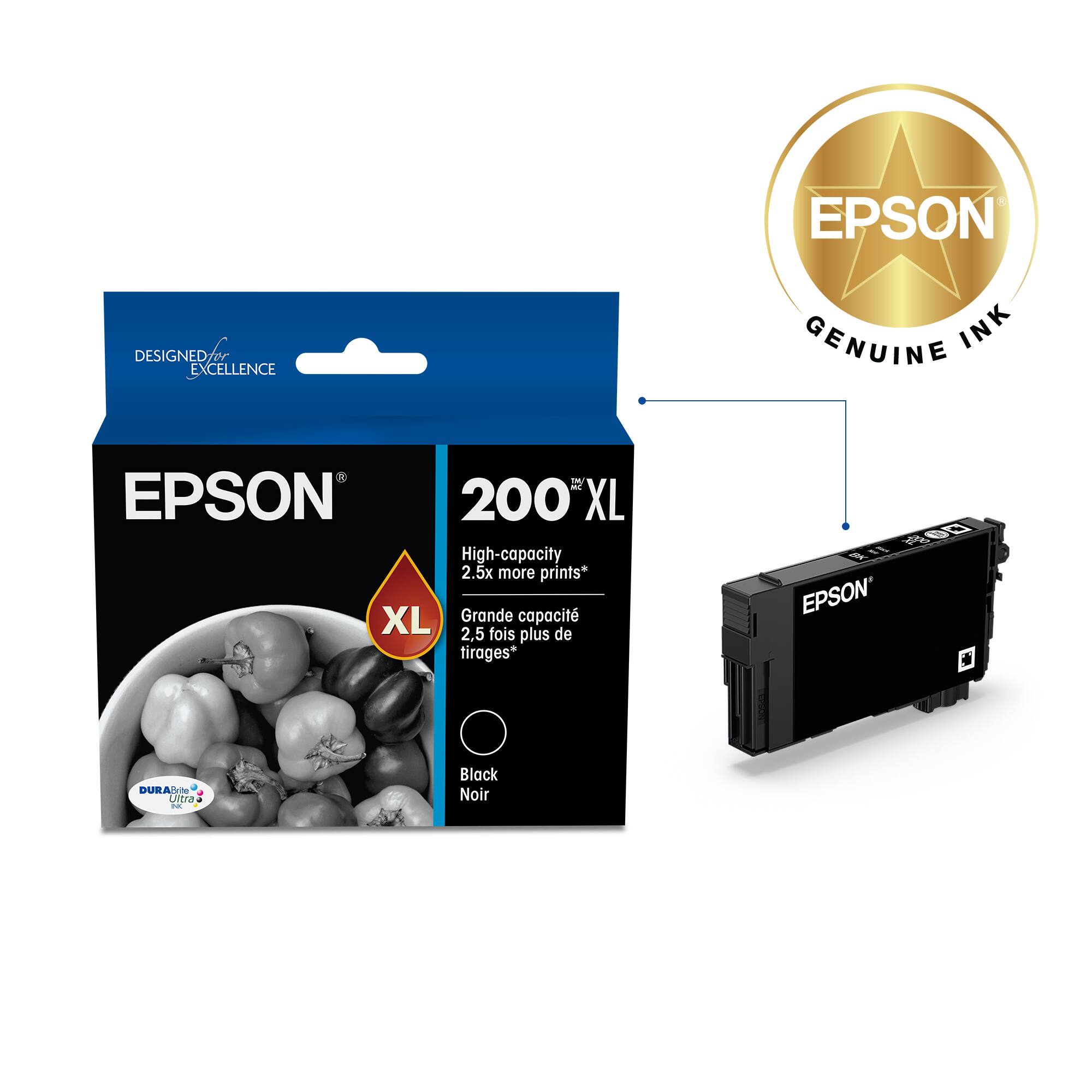 EPSON GENUINE INK 200 XL: High-capacity 2.5x more prints* XL Grande capacit 2,5 fois plus de tirages* & 60 f1 EPSON . DURA-i Ultra Black Noir.