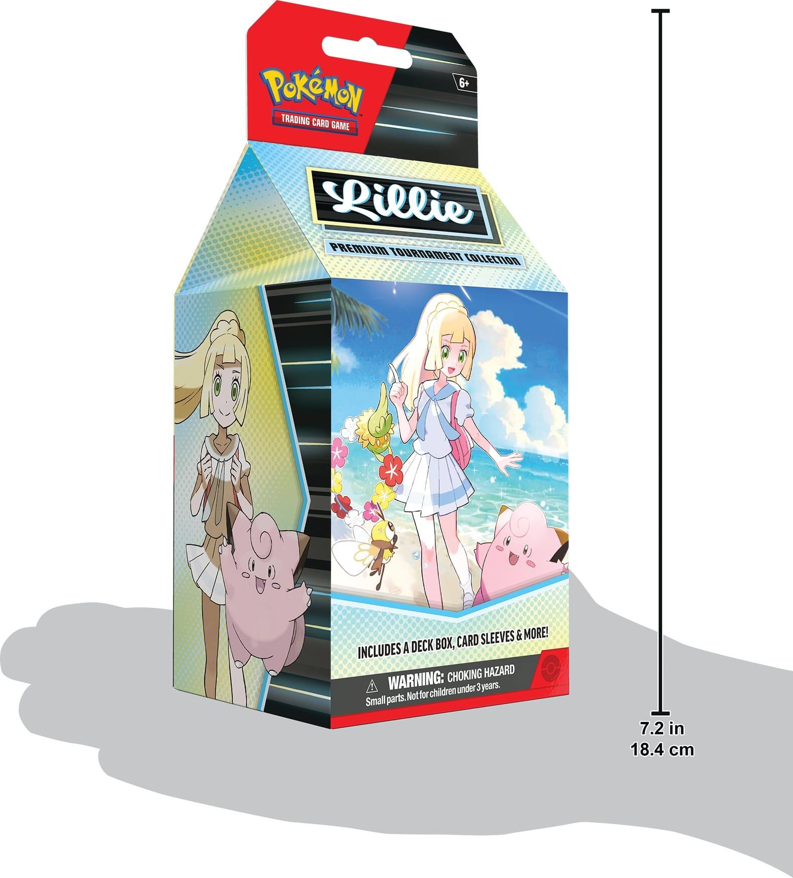 The text on the image reads: "POKMON 6+ TRADING CARD GAME Lillie PREmIUM TOURAAMENT COLLETTION SLEEVES & MORE! DECK BOX, CARD INCLUDES A CHOKING HAZARD WARNING: under 3ynars. Not for children Small parts. 7.2 in 18.4 cm."
