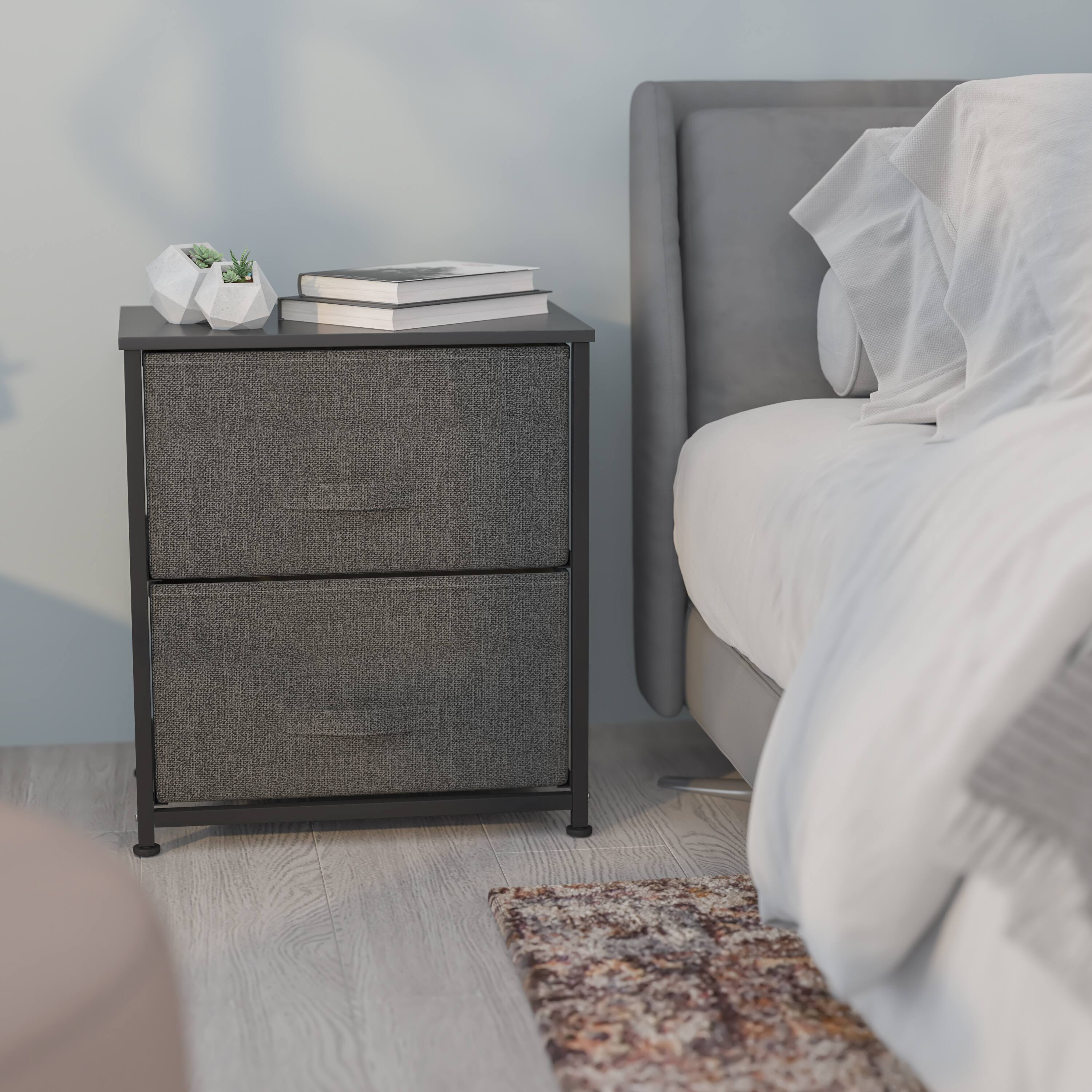 Alt View 1. Emma + Oliver - 2 Drawer Storage Stand with Wood Top & Dark Fabric Pull Drawers - Gray Drawers/Black Frame.