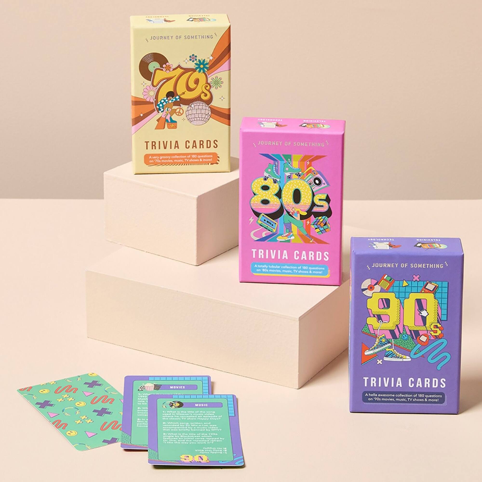 JOURNEY OF SOMETHING  
TRIVIA CARDS  
JOURNEY OF SOMETHING  
A collection of 100 questions very groovy 70s movies music TV shows I morel ON 80s  
TECHNOLOGY  
TELEVISION  
TRIVIA CARDS  
A totally tubular collection of 100 questions 80s music TV shows & more!  
JOURNEY OF SOMETHING 3 90 S  
X  
Vr Un M n  
WS -- anamc.com  
MOVIES MUSIC ErWhat - TW - CHANGE BOOK SECTED - - OF 10 - Socially Americionate - SETUT POLICE - KNOW - - - 1900 - - TEAM - One chick ED - - -  
TRIVIA CARDS  
A hella awesome collection of 180 questions on 90s movies, music TV shows & more!
